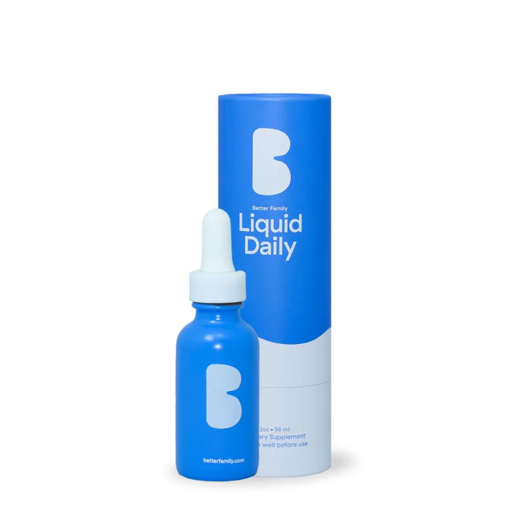 Better Family Liquid Daily 2oz multivitamin bottle with packaging, a premium liquid supplement for enhanced nutrient absorption and wellness.