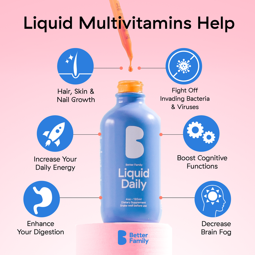 Better Family Liquid Daily Multivitamin – supports skin, hair, and nail health, boosts energy, enhances digestion, and improves cognitive function.
