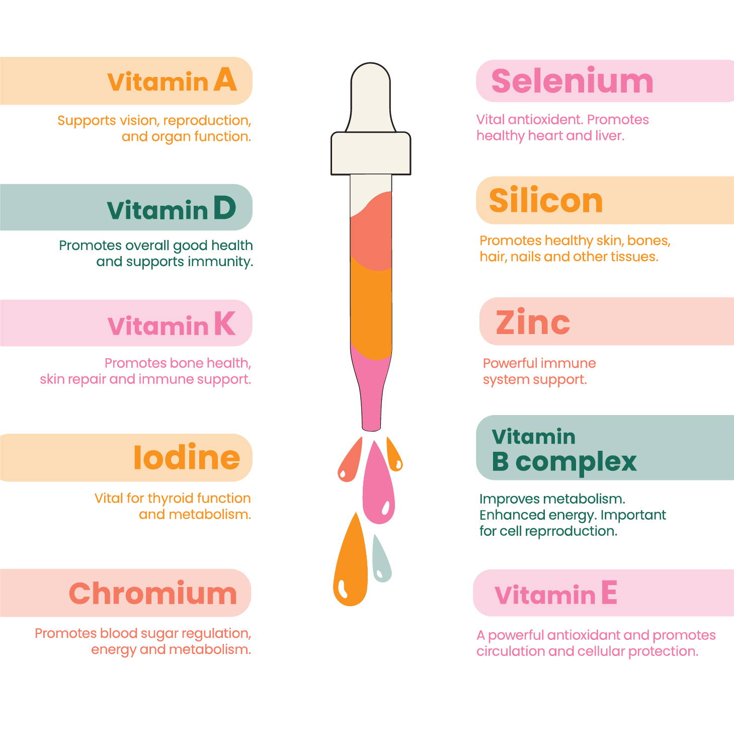 Better Family Liquid Daily essential vitamins and minerals infographic, highlighting benefits of Vitamin A, D, K, B complex, Selenium, Zinc, and more.