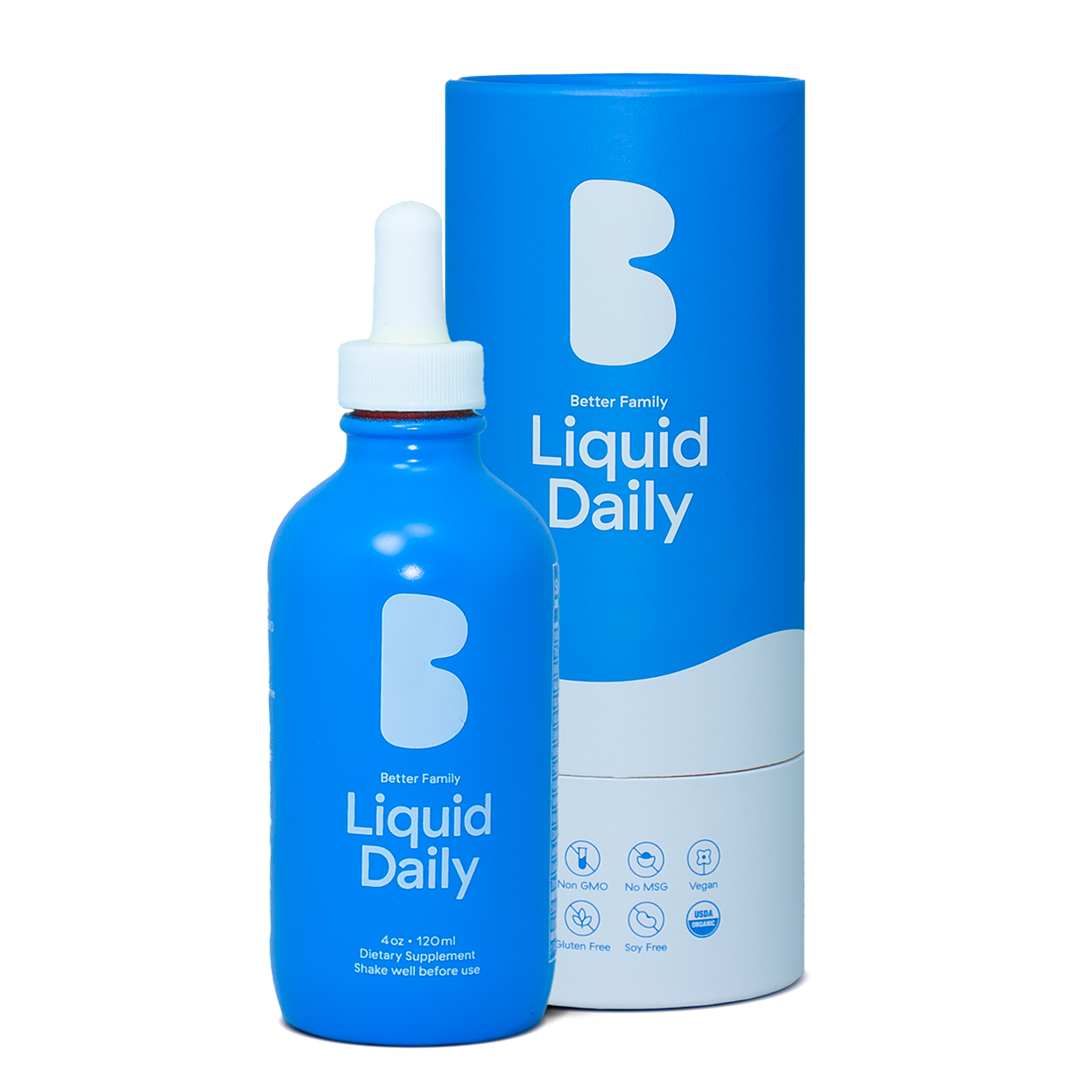 Better Family Liquid Daily Multivitamin – 120ml dropper bottle with premium packaging, non-GMO, vegan, gluten-free, and soy-free formula.