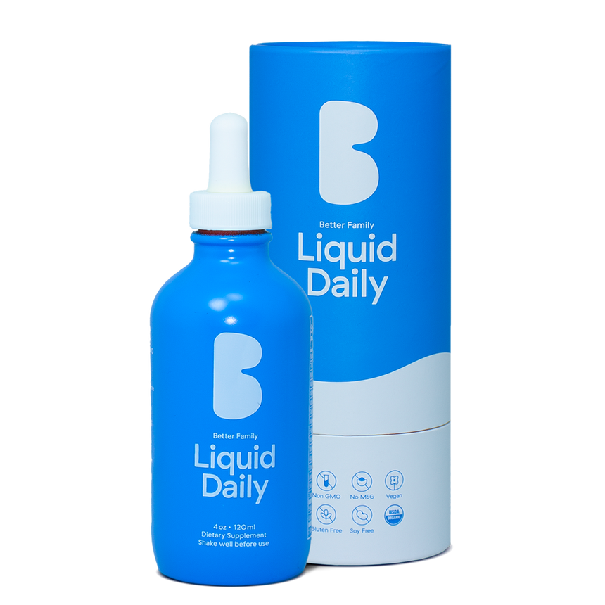 Better Family Liquid Daily Multivitamin – 120ml dropper bottle with premium packaging, non-GMO, vegan, gluten-free, and soy-free formula.