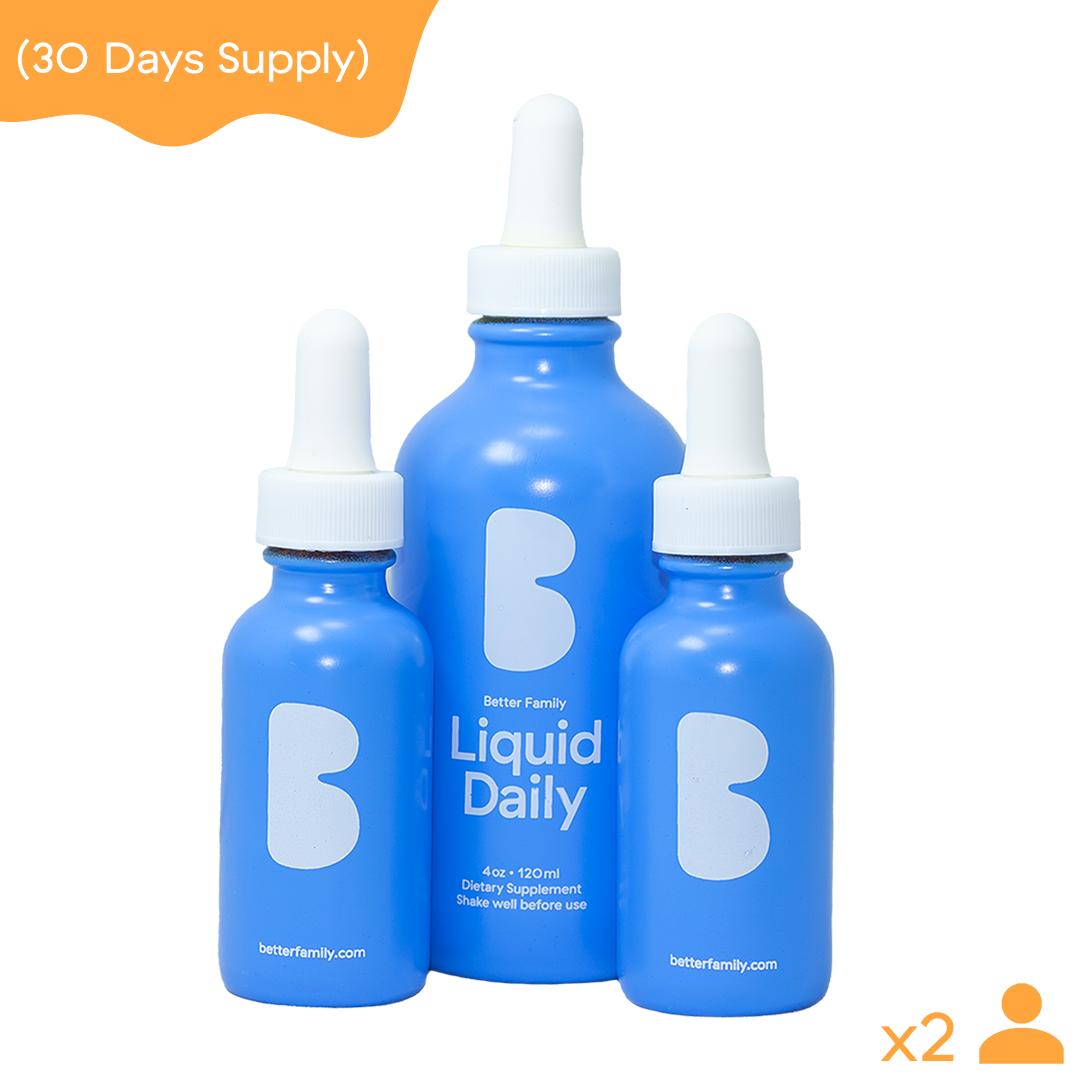 Better Family Liquid Daily 30-day supply set with three blue glass dropper bottles, offering a premium liquid multivitamin solution for two people.