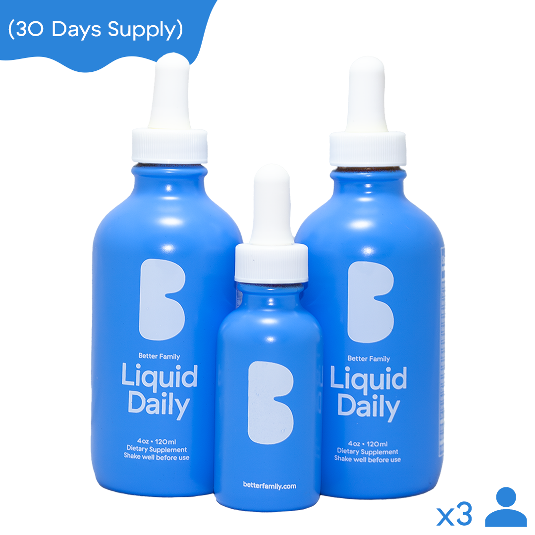 Better Family Liquid Daily 30-day supply set for three people, featuring three blue glass dropper bottles of liquid multivitamin supplement.