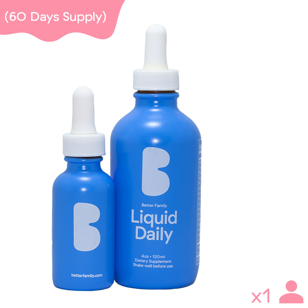 Better Family Liquid Daily 60-day supply set featuring two blue glass dropper bottles, designed for a complete daily multivitamin regimen.