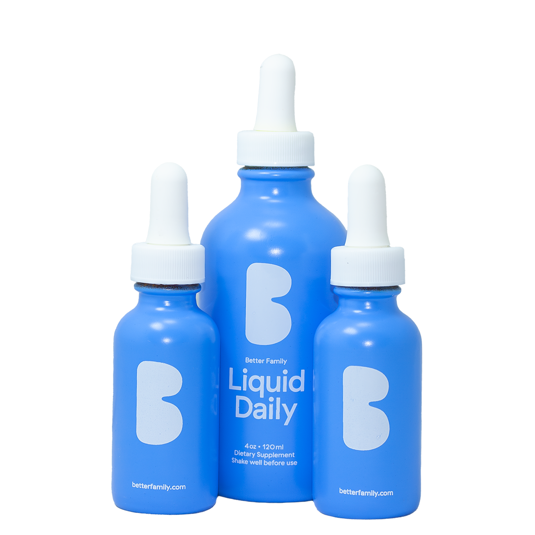 Better Family Liquid Daily vitamin supplement set featuring three blue glass dropper bottles in various sizes, designed for optimal nutrient absorption.