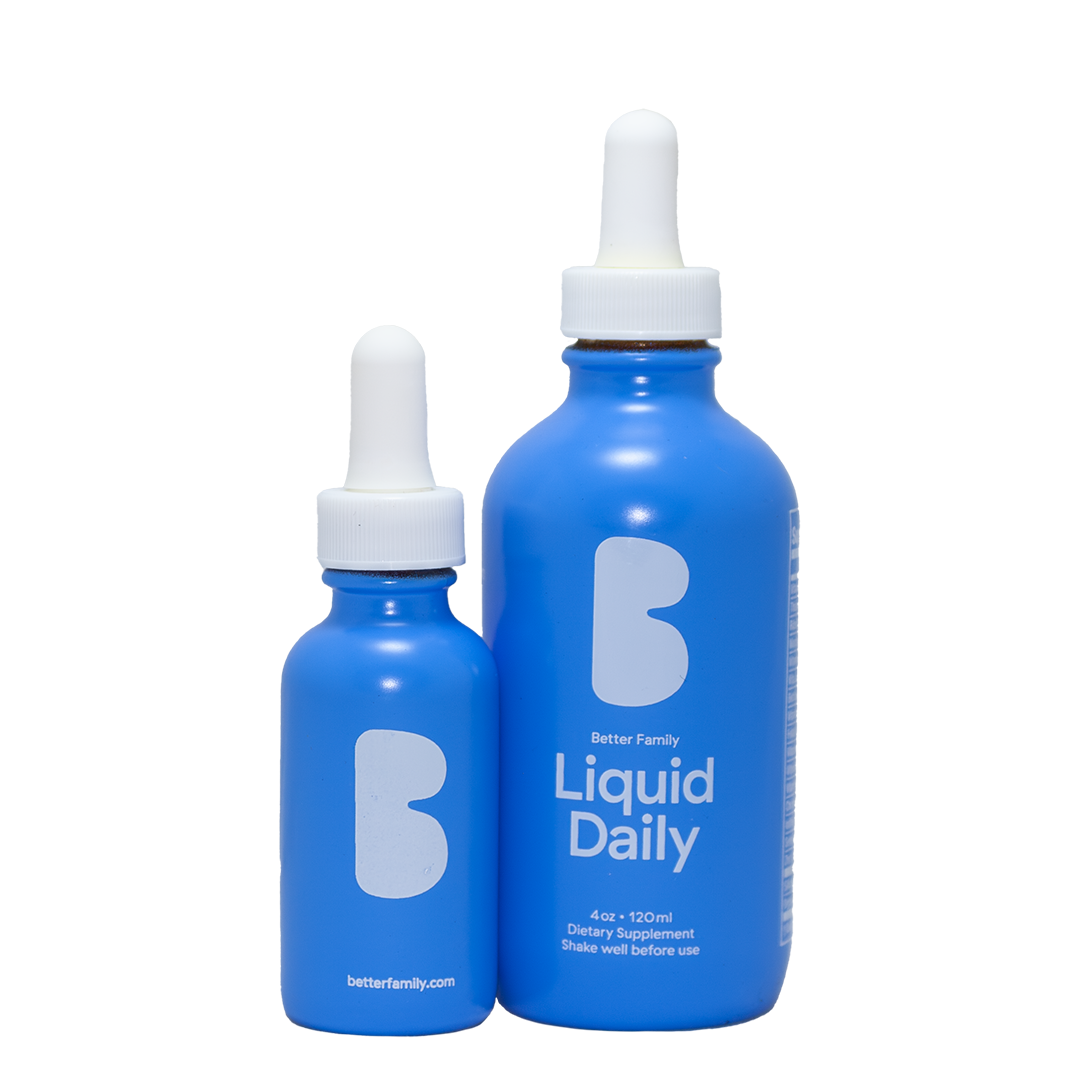 Better Family Liquid Daily 2oz and 4oz bottles, a high-absorption liquid multivitamin for optimal health and wellness.