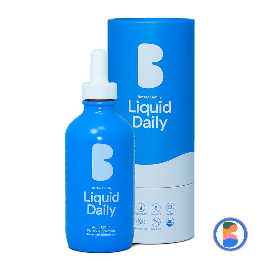 Better Family Liquid Daily 4oz bottle and packaging — methylated multivitamin and sublingual liquid vitamins for optimal vitamin absorption and family wellness.